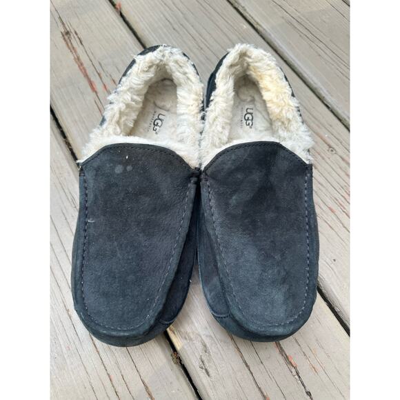 Ugg black slippers ASCOT suede leather sz 8 us men shoes moccasins shearling fur - Picture 1 of 13